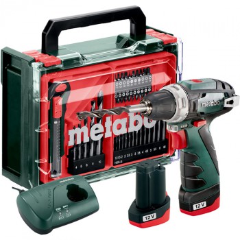 Pack taladro atornillador de batería de 12 voltios metabo mod. powermaxx bs basic set + 41 accesorios