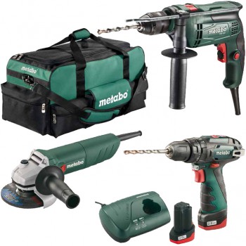 Set pp2 de máquinas metabo: 1 percutora de 650 vatios, 1 percutora de batería y 1 amoladora de 750 vatios