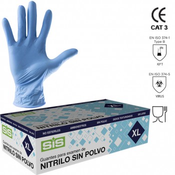 Guante de nitrilo azul desechable (sin polvo) en cajas de 100 unidades