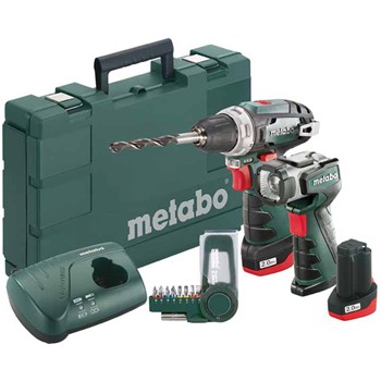 Pack taladradora atornilladora de batería de 10,8 voltios metabo mod. powermaxx bs basic + 1 lámpara mod. powermaxx ula led + 1 juego de puntas
