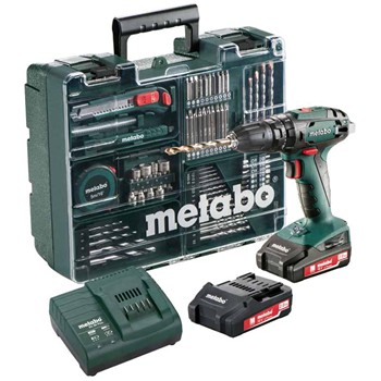 Pack taladradora percutora de batería de 18 voltios metabo mod. sb 18 + 74 accesorios