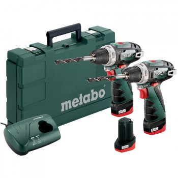 Pack de 2 taladradoras atornilladoras de batería de 10,8 voltios metabo mod. powermaxx bs + 3 baterías + 1 cargador