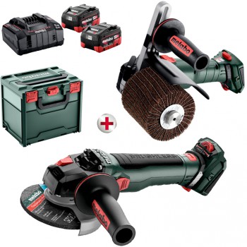 Pack metabo satinadora mod. svb 18 ltx bl 200 (601766840) + amoladora angular mod. wvb 18 lt bl 11-125 quick inox (613091850) + set básico 2 x lihd 5,5 ah (685122000)